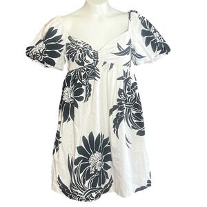 Zara White & Black Floral Puff Sleeve Square Neck‎ Babydoll Mini Dress